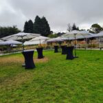 Elegant outdoor event tent setup with tables, chairs, and string lights - Patitos Party Rental